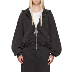 Sweat à capuche ample personnalisé avec fermeture éclair, épaules tombantes, coupe courte, manches longues bouffantes, effet délavé vintage, grande capuche, patchwork, pour femme - Product Image 1