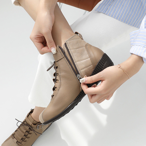 [JSHOE] Botines de piel de cordero genuina hechos a mano con cordones, tacón de 4,5 cm, cremallera lateral, detalle de hebilla, zapatos cómodos para caminar para mujer - Product Image 4