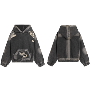 Jersey recortado lavado de algodón pesado de los fabricantes, ropa de calle, Sudadera con capucha desgastada de gran tamaño con hombros caídos para hombre. - Product Image 6