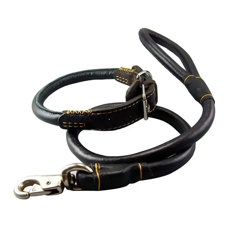 Hot Selling Pet Long Dog Collar Lead Leash shepherd Traction Rope Cow Leather Custom Adjustable training Dog Collar Lead