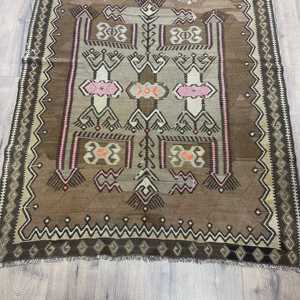 Kilim Vintage Rug, 4.1x12.2 ft Turkish Rug, <b>Brown</b> Floral <b>Wool</b> Rug - Product Image 2
