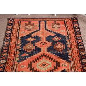 Vintage <b>Rug</b>, 3.8x11.4 ft <b>Runner</b> <b>Rug</b>, Orange Blue Herki Wool <b>Rug</b> - Product Image 5