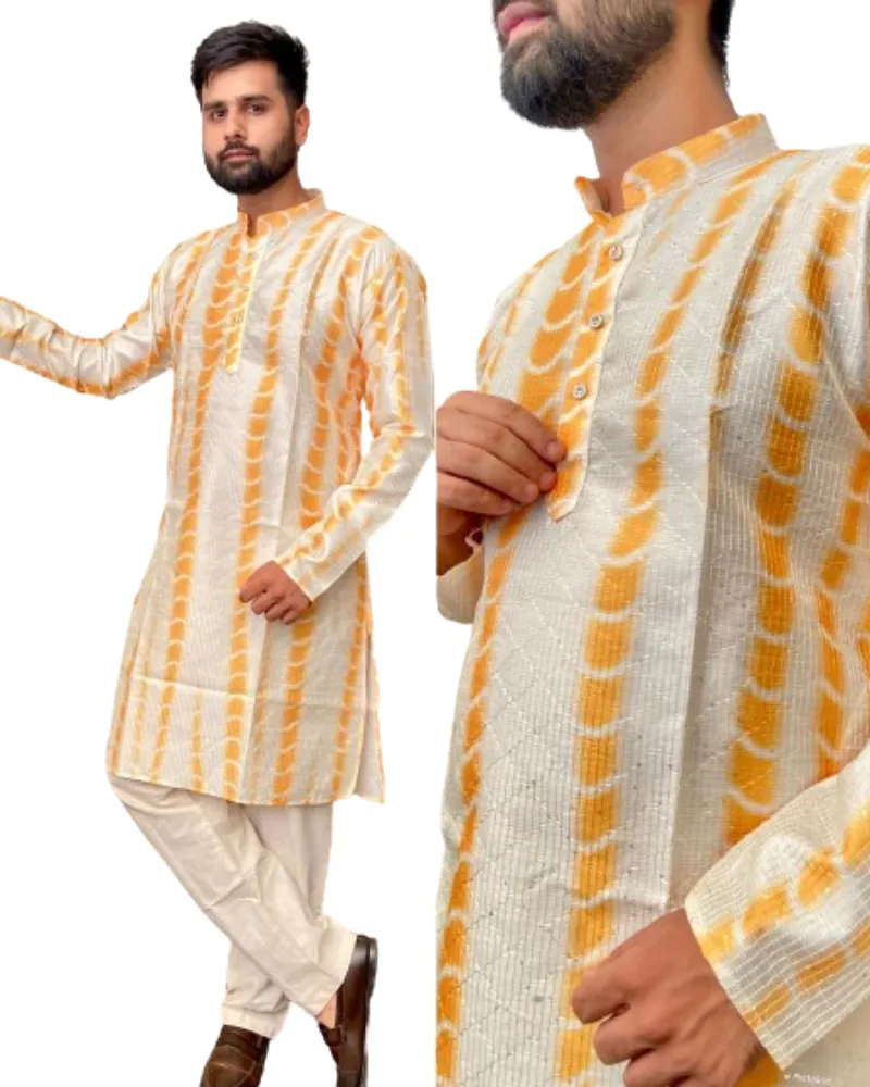 Indian Traditional Party Wear Italian Silk Shibori With Crochet Patternkurta With Pyjama For Men's At Low And Cheap Price