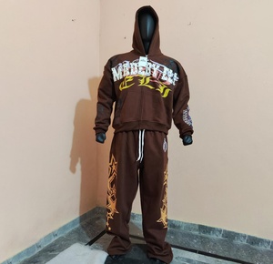 Ensemble de survêtement streetwear personnalisé pour homme, imprimé en relief haute densité, motif étoile en strass, en molleton de coton épais, fermeture éclair - Product Image 1