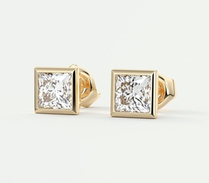 <b>Princess</b> Cut Lab Grown Diamond Earring Yellow Gold Square <b>Princess</b> Cut Stud Earring 1 + 1 Ct Bezel Set CVD Diamond Stud Earring - Product Image 1