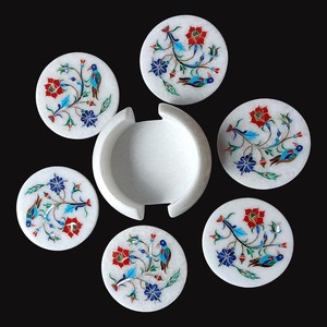 Posavasos de mármol blanco tallado con incrustaciones para bebidas frías y calientes, juego de posavasos con soporte para té y café, par para mesa. - Product Image 3