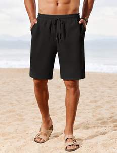 Pantalones cortos de lino y algodón 100% para hombre, con cintura elástica, bolsillos con cordón, pantalones cortos informales de playa de verano, estilo de vacaciones antiarrugas - Product Image 2