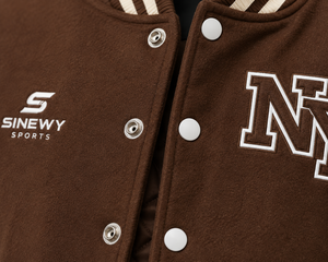 SINEWY SPORTS Men's Brown Varsity <b>Jacket</b> NY Embroidery Preppy Style Genuine <b>Leather</b> Breathable <b>Winter</b> Regular Fit Turn-down - Product Image 4