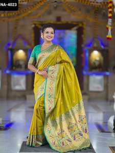 Saree en soie de Pethani doux indien de fantaisie avec la conception de motifs de Zari Weawing Meenakari avec la pièce de chemisier de contraste pour le saree de mariage - Product Image 2