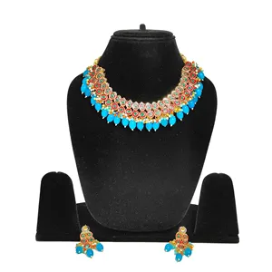 Conjunto de Collar Kundan Azul Cielo Oscuro Chapado en Oro, Joyería Nupcial Fina Vintage con Cuentas Multicolores y Rubí para Boda - Product Image 3