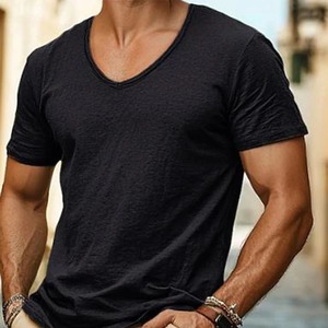 2025 camisetas Vintage con cuello en V para hombre, camisetas informales transpirables ajustadas de manga corta para hombre, camiseta de ocio diario de Color sólido - Product Image 6