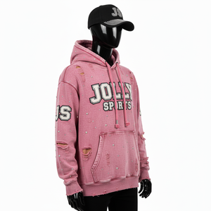 Sweat-shirt rose en molleton de coton doux et épais 380 GSM avec texture déchirée, strass et broderie, logo personnalisé, sweat-shirt basique - Product Image 2