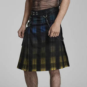 Kilt écossais gothique hip-hop pour homme en denim dégradé à deux tons avec accents métalliques, chaîne et poches 3D amovibles - Product Image 2
