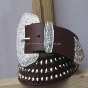 Genuine Leather Western Tooling <b>Belt</b> Metal <b>studded</b> With Antique Cowboy Silver Buckle and Metal End Cowboy <b>Belt</b> - Product Image 6
