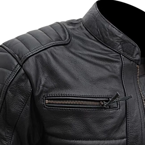 Chaqueta de cuero azul estilo motociclista con cuello levantado para hombre al por mayor, chaqueta ajustada con cremalleras de cuero auténtico con logotipo personalizado, holgada OEM - Product Image 3