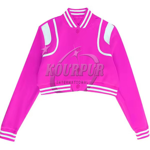 Couleur Full Ladies Varsity Vestes Streetwear Hiver Manches en cuir véritable Letterman Varsity Crop Jacket - Product Image 2
