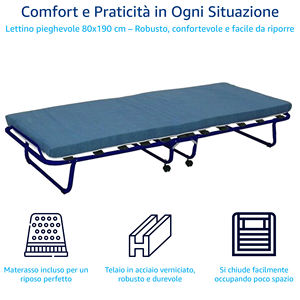 Lit d'hôtel Lit pliant en acier avec 12 lattes et matelas de 80x190cm - Product Image 2