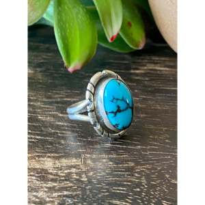 Peggy Skeets Handmade <b>Statement</b> <b>Ring</b> in Turquoise & Sterling <b>Silver</b> Bezel Set Pear Shape Size 4.5 Everyday Wear - Product Image 3