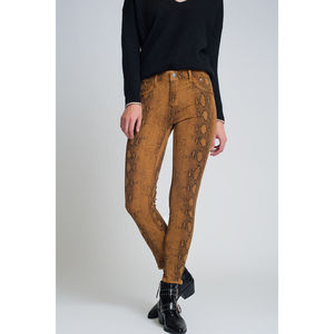 Pantalones Cargo de PU Súper Ajustados Reversibles con Cinco Bolsillos, Cintura Alta, Frente Plano, Estampado de Serpiente, Transpirables, para Uso Diario, Color Mostaza Otoñal - Product Image 4