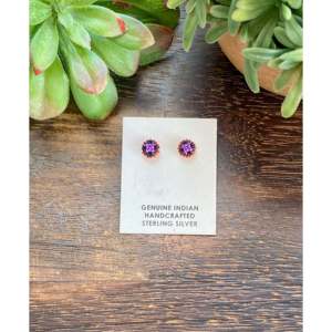 Navajo Beaded <b>Post</b> Earrings Stud Design with Floral Pattern and Bezel Setting Inlay - Product Image 1