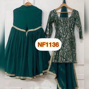 Ensemble indien à paillettes brodées Sharara Gharara Kurti Designer pakistanais vêtements ethniques 3 pièces en tissu Georgette cousu - Product Image 1