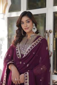 Grootinn filles élégantes robe traditionnelle Anarkali georgette broderie séquence travail prêt à porter costume de mariage pour les fêtes - Product Image 2