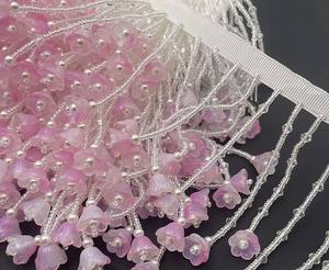 Ribete de Borlas con Cuentas Rosadas, Ribete de Flecos Colgantes con Flores Rosadas, Encaje de Lirio de los Valles con Cuentas - Product Image 3