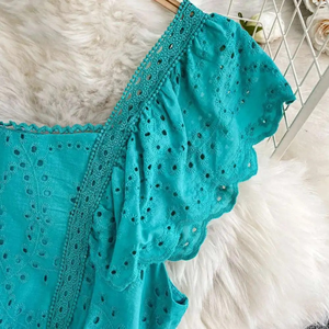 Vestidos Elegantes de Gasa con Bordado Calado para Mujer, Verano, Vacaciones, Volantes, Sin Mangas, Estilo Coreano, Hasta la Rodilla, Rectos, Dulces y Naturales - Product Image 3