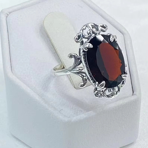 Bague fine en argent sterling 925 pour femme grenat en verre rouge coupe ovale avec réglage de broche pour anniversaire de mariage - Product Image 2