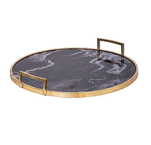 Plateau de service en marbre gris avec poignée en métal Vente en gros Nouveau design Plateau de service de table en marbre fait main - Product Image 4