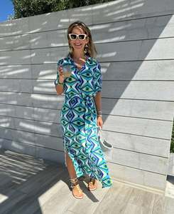 Vestido largo bohemio con correa para colgar en la cintura con lazo cruzado, estampado digital ecológico para vacaciones, nueva moda - Product Image 1