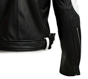 เสื้อแจ็คเก็ตมอเตอร์ไซค์หนังสีน้ำเงิน ขาว ดำ สำหรับผู้ชาย แบบ Color Block สไตล์ Biker Racing ขายส่ง พร้อมซิป เข็มขัด และตกแต่งหมุดโลหะ - Product Image 5