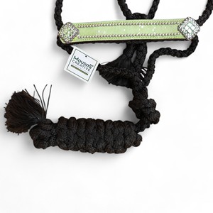 Licol en nylon tressé pour cheval occidental avec longe en ruban, muserolle anglaise entièrement réglable en cuir orné - Product Image 2