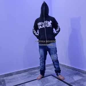 Ensemble de pantalons à capuche zippés pour hommes, vêtements de rue d'été, veste en coton avec logo personnalisé, fermeture éclair complète et impression bouffante, grande taille disponible - Product Image 5