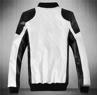 Blouson Bomber en Cuir pour Homme, Blanc et Noir, avec Blocs de Couleurs, Col Montant Matelassé Diamant, Fermeture Éclair, Style Moto Biker