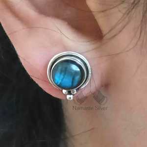 925 Sterling <b>Silver</b> Handmade Labradorite <b>Stud</b> Earrings Ball Shape Ear Posts with Natural Labradorite Gemstone Birthstone Jewelry - Product Image 5