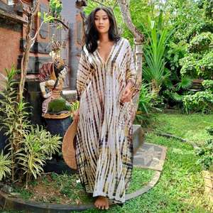 Nueva llegada de la mano de impresión Tie Dye media manga Maxi vestido de mujer Boho impreso largo vestidos de playa señora chica bohemio Tie Dye Kaftan - Product Image 1