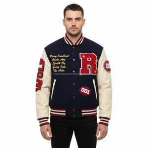 Chaqueta Universitaria Personalizada de Alta Calidad, Cuerpo de Lana, Mangas de Cuero Vacuno Auténtico, Parche de Chenilla, Chaqueta Bomber con Letras Escolares - Product Image 1
