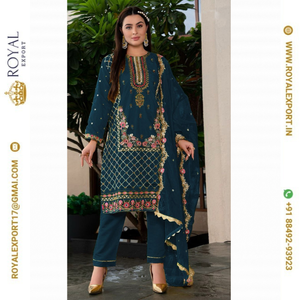 Collection de costumes pakistanais Salwar Kameez en faux georgette lourd brodé et séquencé de créateur exclusif - Product Image 1