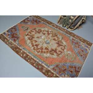 Alfombra de lana turca Vintage 2022 naranja azul patrón de retazos de gran tamaño 3,8 'X 8,9' látex de tejido plano para decoraciones de sala de estar" - Product Image 4