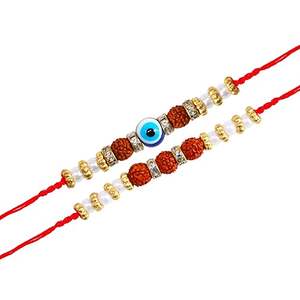 Rakhi fait à la main de qualité supérieure pour les frères perles de Rudraksh sacrées en métal doré cadeau traditionnel de Raksha Bandhan poli avec soin - Product Image 6