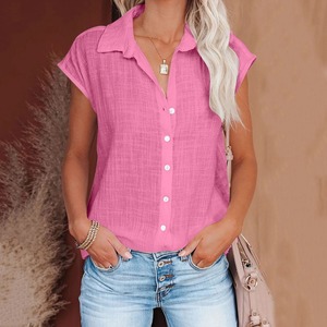 Camisa de lino y algodón para mujer, camiseta informal fina holgada para mujer, camiseta de verano de manga corta, camisetas sólidas, ropa para mujer, Blusas - Product Image 4