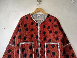 Veste en coton matelassé de style bohème fait à la main pour femmes tissé Bagru imprimé vêtements d'extérieur décontractés avec bouton se ferme cadeaux de vacances d'hiver - Product Image 2