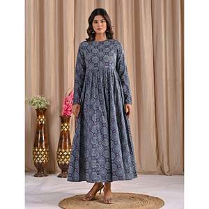 Vestido Anarkali de Seda Azul con Estampado a Mano para Niñas, Último Diseño Étnico Indio, Estilo Sexy para Uso Diario, Dibujado a Mano - Product Image 5