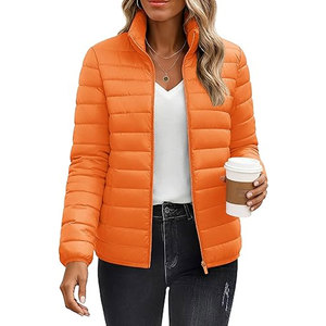 Veste matelassée pour femme tendance, manteau d'hiver matelassé léger, fermeture éclair intégrale, col montant, vêtements d'extérieur orange - Product Image 1