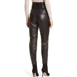 Pantalon pour femme en cuir véritable avec taille élastique, coupe droite, devant plat, tissu en toile, saison hivernale - Product Image 4