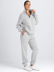 เสื้อสเวตเตอร์สีเทาของผู้หญิงชุด2ชิ้นเสื้อสเวตเตอร์แบบสวมหัวซิปครึ่งเดียวมีกระเป๋าระบายอากาศ - Product Image 4