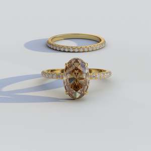 À la mode 14k Or Massif Vivid Brown Moissanite Anneau Demi Éternité Ensemble De Mariée Anneau Caché Halo Pave Band Bague De Fiançailles pour Elle - Product Image 4