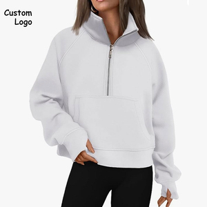 Sweat-shirt à capuche court à demi-zip pour femme, chaud, manches longues, logo sur le devant, pour l'hiver - Product Image 1