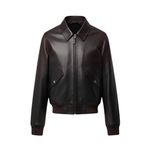 Chaqueta de Cuero Genuino Premium para Hombre con Cuello Camisero, Cierre de Cremallera Marrón y Bolsillos Laterales - Product Image 1